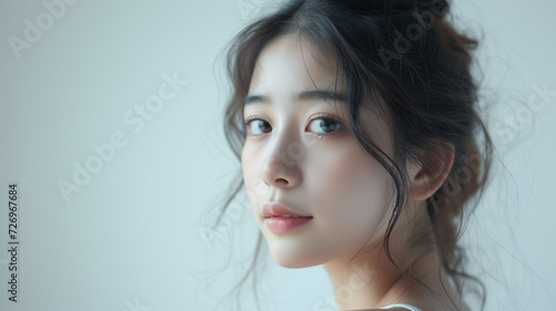 An Asian Korean girl with natural beauty, in a white background photo studio, Ai generated images