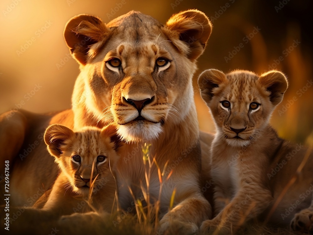 Lions family with cubs lying down in a grassy field in the jungle Lions family with cubs lying down in a grassy field in the jungle