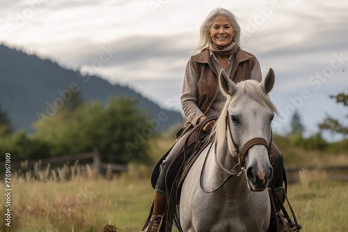 Mature woman riding a horse in a meadow on a cloudy day