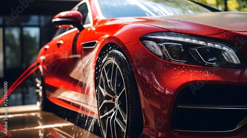 Red luxury car close-up in a high-pressure washer 