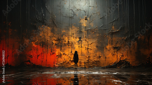Abstract illustration of individual woman silhouette standing alone in front of a colorful light beam with emotional expressions and actions 