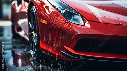 Red luxury car close-up in a high-pressure washer  © Ziyan Yang