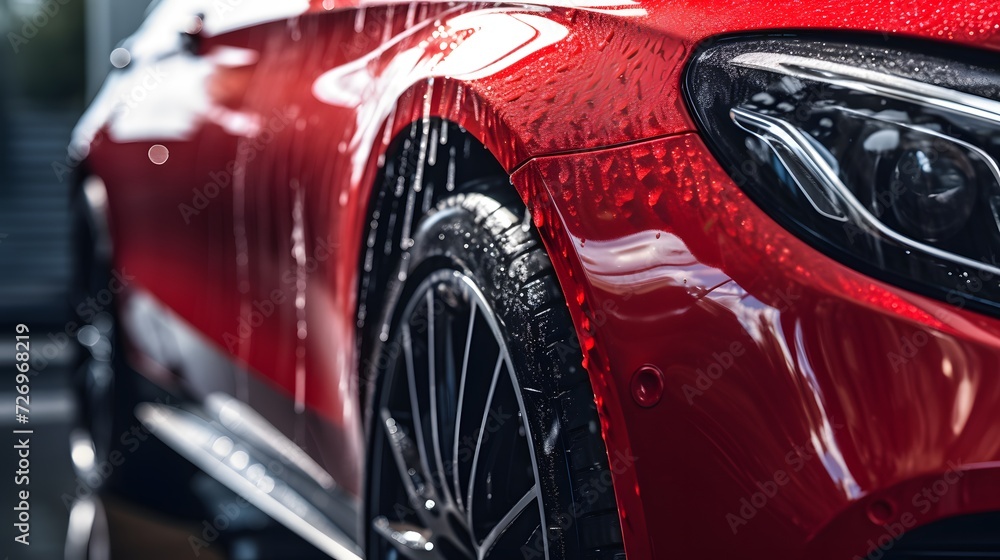 Red luxury car close-up in a high-pressure washer
