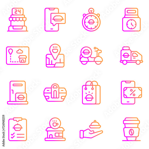 Set of vector icons related to food delivery. Vector illustration of food tray, delivery truck,  delivery map, and more with editable gradation color outline.