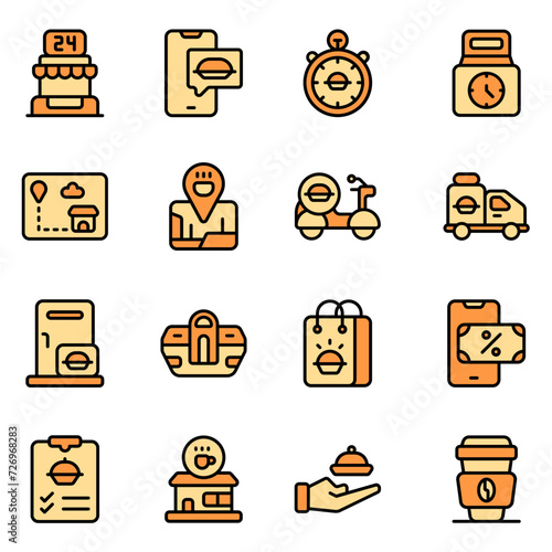 Set of vector icons related to food delivery. Vector illustration of delivery food location, delivery food time, food checklist, and more with editable flat color fill.