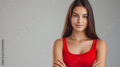 A stunning and self-assured young woman exudes confidence as she stands against an isolated gray background, her arms confidently crossed. Dressed in a vibrant red singlet, her captivating p © stocker