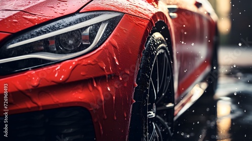 Red luxury car close-up in a high-pressure washer 