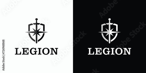 Vector logo design illustration of a shield and a sparkling sword in the middle.