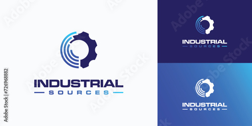Vector logo design illustration of global line movement with industrial gears. photo