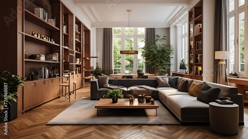 The living room is modern and has parquet flooring with chic furniture.