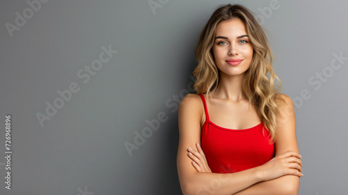 Confident and radiant, this beautiful woman captivates in a red singlet as she stands with her arms crossed against an empty gray backdrop. Her poised demeanor exhibits strength and self-ass