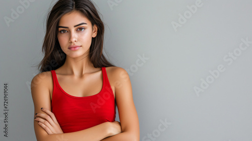 A stunning confident woman wearing a vibrant red singlet stands with her arms crossed, exuding empowerment and charisma. The isolated gray color background accentuates her captivating presen
