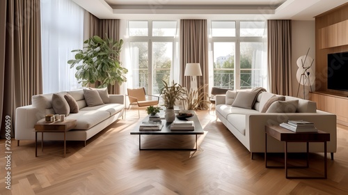 The living room is modern and has parquet flooring with chic furniture. © Ziyan