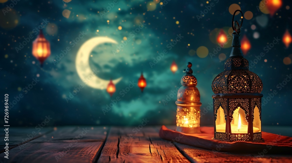 Arabian lanterns decorate an old wooden table with sky and crescent moon behind Ramadan Kareem background Arabian lanterns decorate an old wooden table with sky and crescent moon behind Ramadan Kareem background