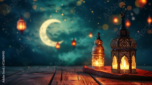 Arabian lanterns decorate an old wooden table with sky and crescent moon behind Ramadan Kareem background