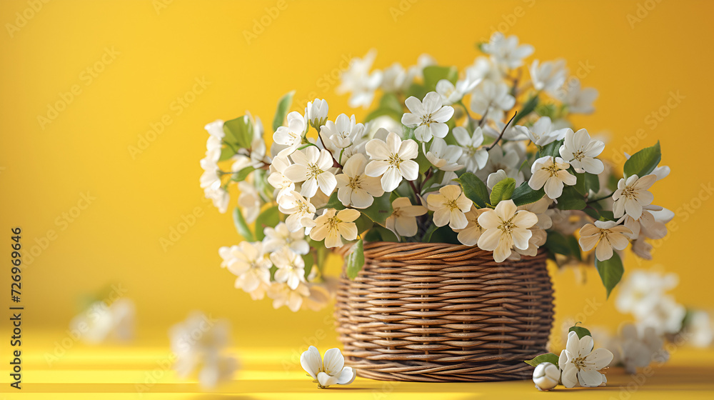 White flowers in wooden basket on yellow spring background,  generative ai