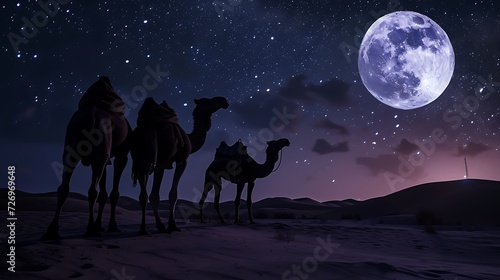 Camels standing on the desert with full moon and star night scene. realistic nature conceptual