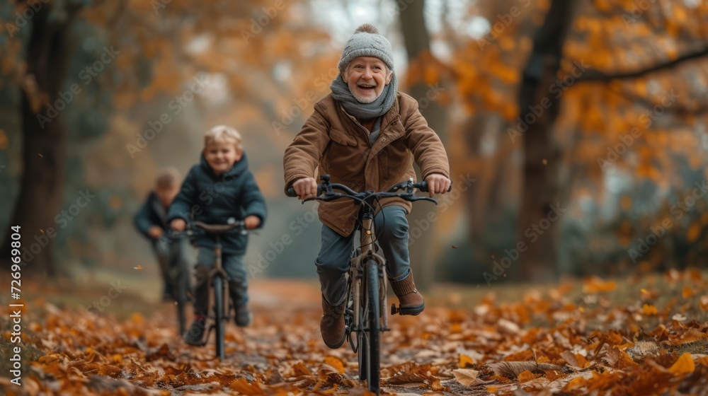 Fototapeta premium Old man riding bicycle with granddaughter while son running at park