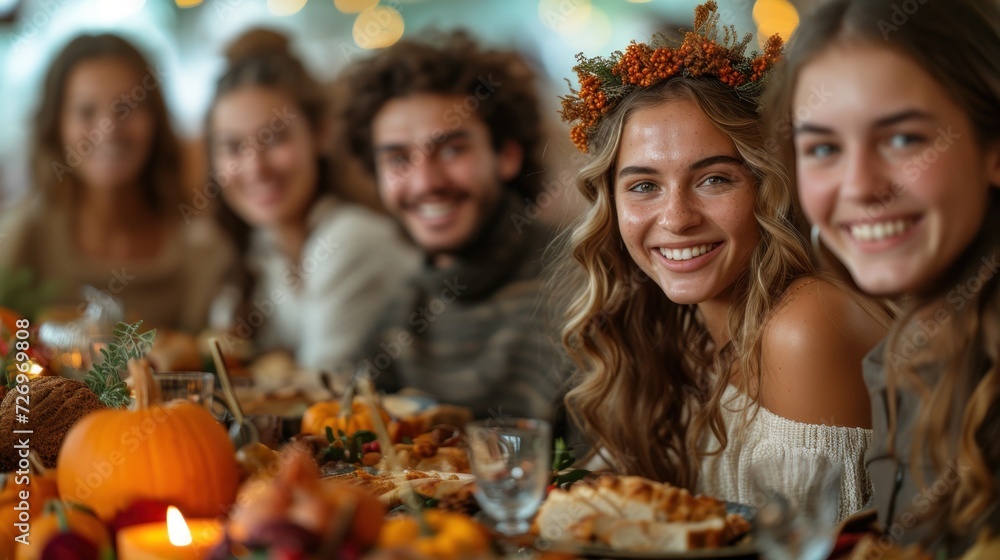 Autumnal Friendsgiving Feast with Smiling Young Adults