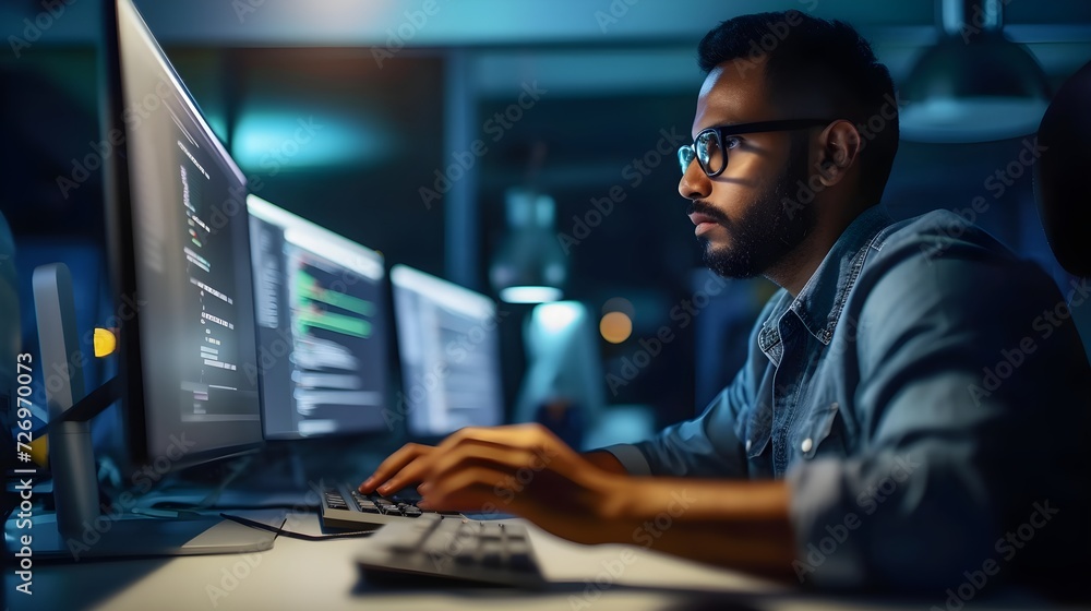 A man programmer working on computers for coding a program. Generative AI A man programmer working on computers for coding a program. Generative AI