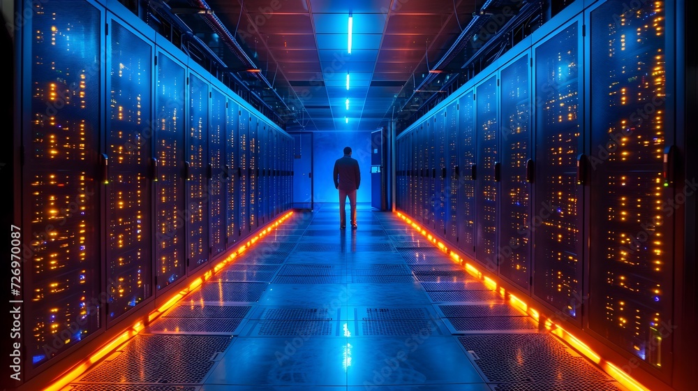 A man standing in the computer network server room. Generative AI