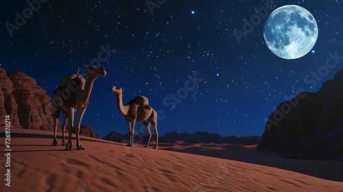 Camels standing on the desert with full moon and star night scene. realistic nature conceptual