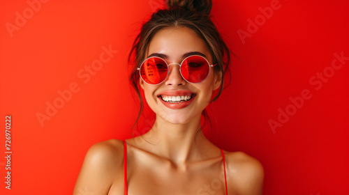 A stunning young woman exudes confidence in a trendy tank swimsuit, posing against a captivating red background. Her radiant beauty and graceful posture make this image perfect for any summe