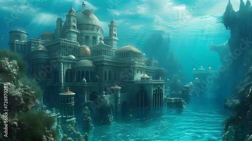 A Underwater kingdom Atlantis wreck in deep ocean with natural sunlight. Generative AI © Alice a.