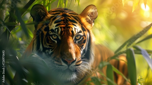 A tiger prowling through the grass with natural light. Generative AI