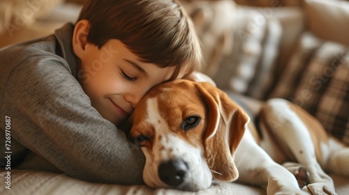 Sleeping child with beagle dog, person on sofa, happy joyful emotional. Generative AI