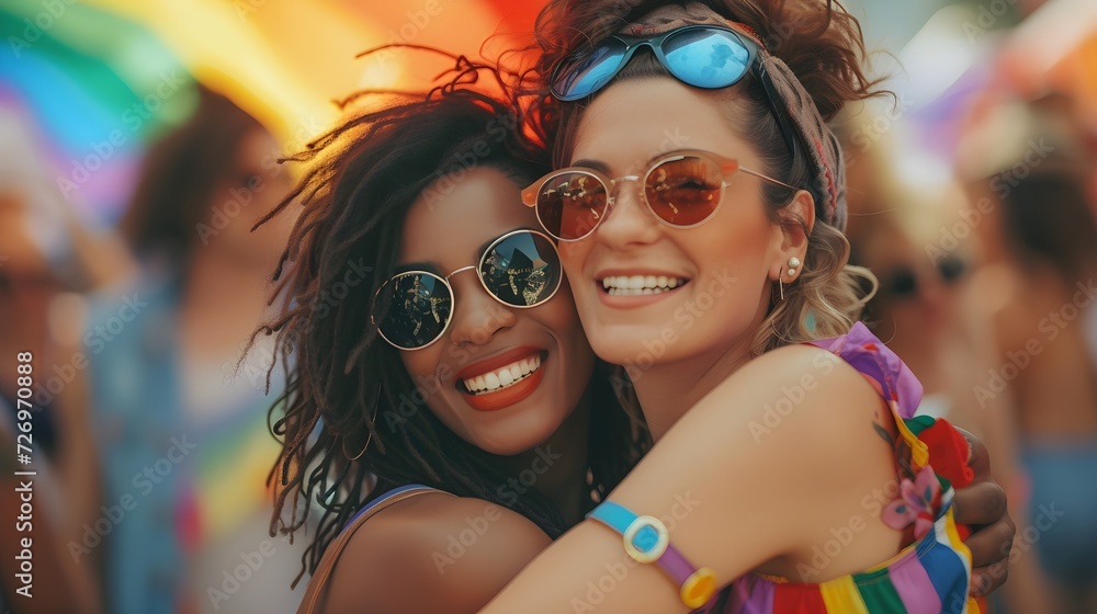 A LGBTQ Lesbian couple portrait at parade pride month. Generative AI A LGBTQ Lesbian couple portrait at parade pride month. Generative AI