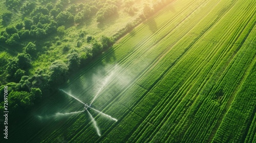 Sprinklers watering green crops  aerial view of farm irrigation.