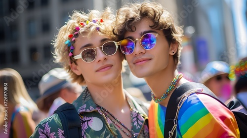 A LGBTQ gay couple portrait at parade pride month. Generative AI