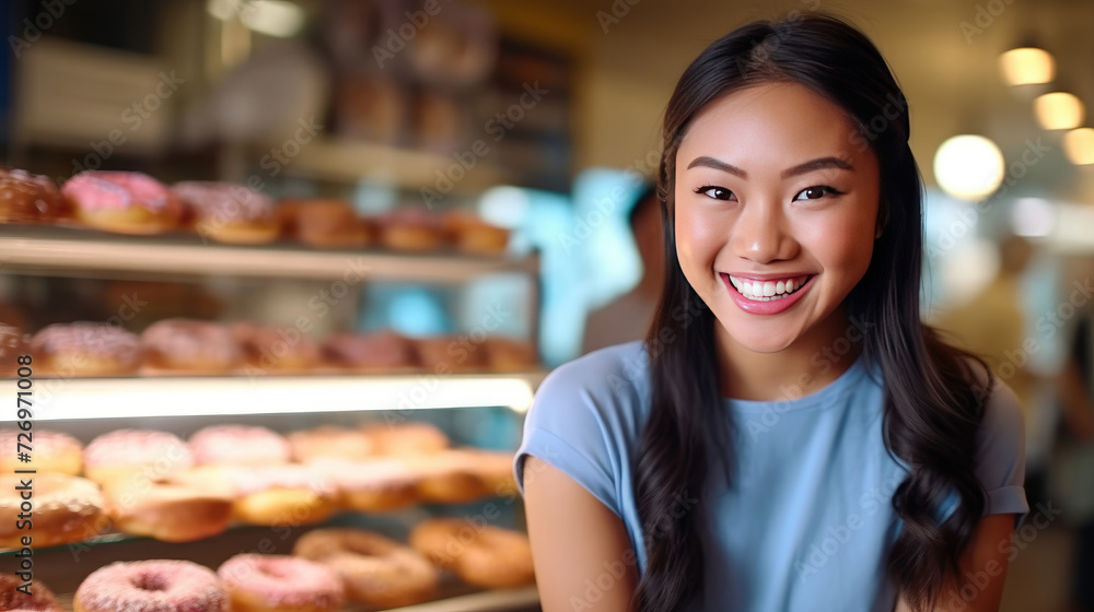 A smiling woman poses in a donut shop A smiling woman poses in a donut shop