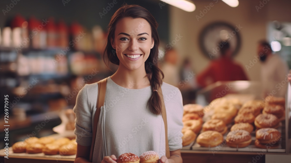 A smiling woman poses in a donut shop