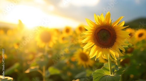 A Sunflower Field with sunlight, beautiful nature. Generative AI