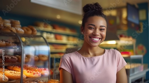 A smiling woman poses in a donut shop