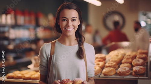 A smiling woman poses in a donut shop