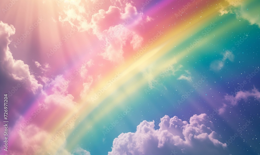 abstract rainbow background with rays of light and clouds in the sky