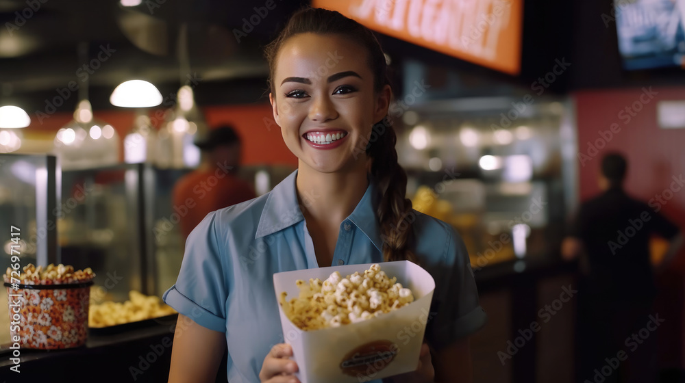 Smiling woman working in cinema cafeteria holding a box of popcorn Smiling woman working in cinema cafeteria holding a box of popcorn