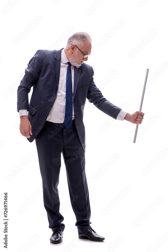Old businessman holding metal stick isolated on white Old businessman holding metal stick isolated on white