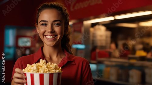 Smiling woman working in cinema cafeteria holding a box of popcorn