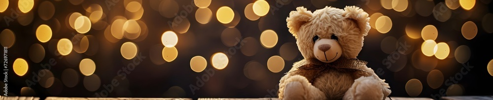 A teddy bear with festive lights, bokeh, and a touch of golden glow, creating a captivating atmosphere. Generative AI A teddy bear with festive lights, bokeh, and a touch of golden glow, creating a captivating atmosphere. Generative AI
