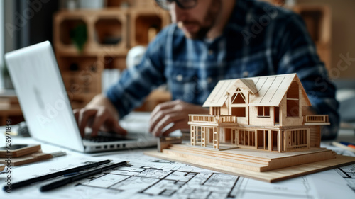 An architect meticulously works on a detailed wooden house model, surrounded by blueprints and design tools, illustrating the precision of architectural planning