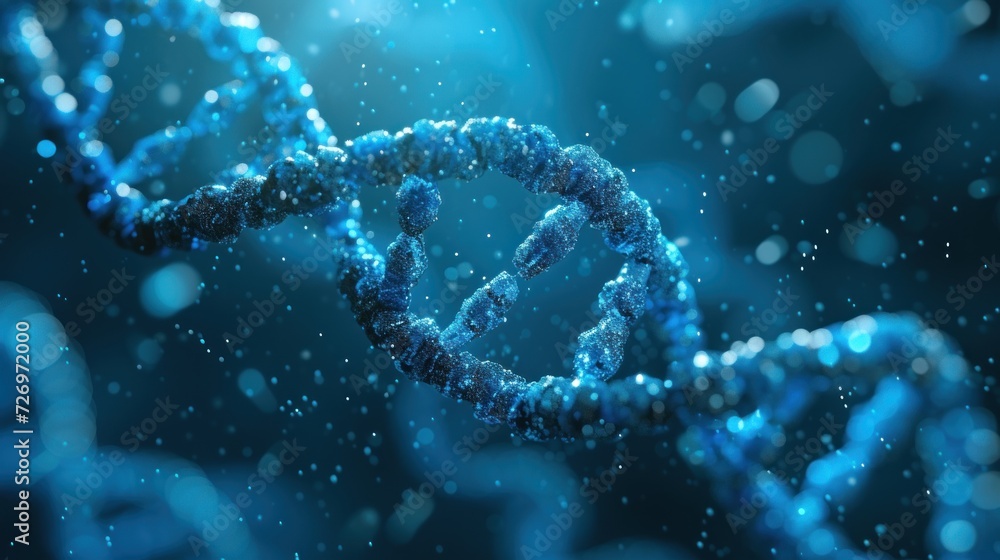 Digital illustration of a DNA double helix structure with a sparkling blue glow, symbolizing biotechnology and genetic research