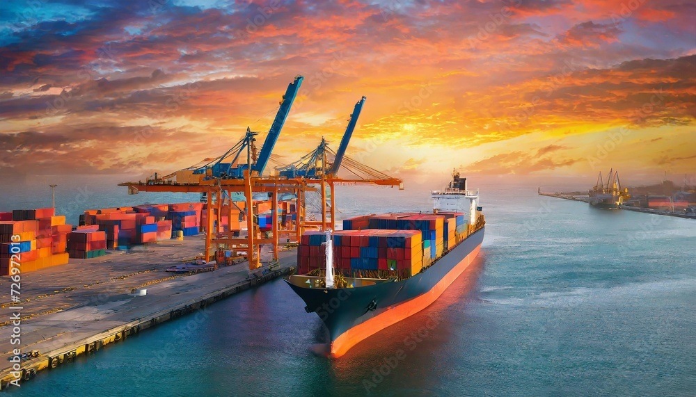 A cargo ship unloading containers at the port; in front of sunset sky
