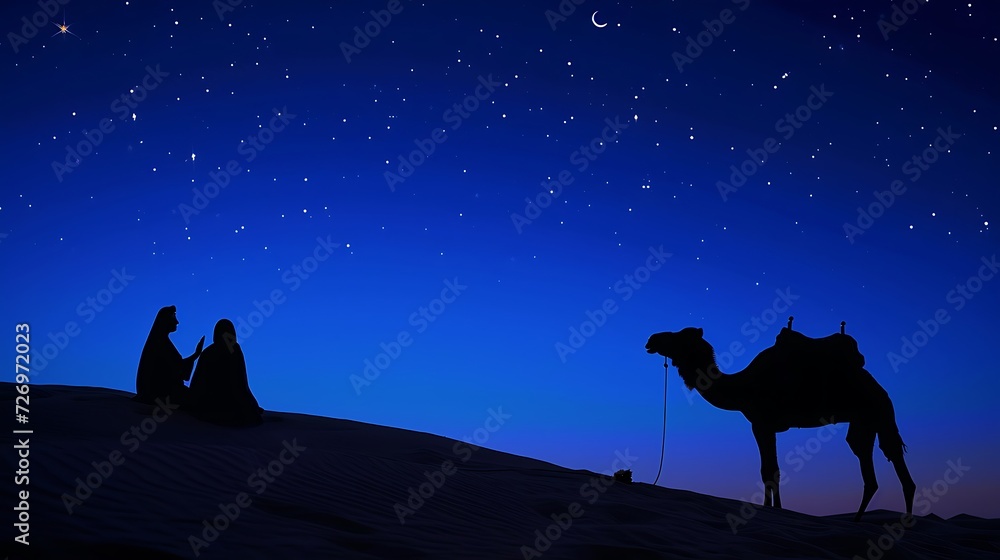 Silhouette of Arab family and camel walking, Islamic mosque at night with crescent moon Silhouette of Arab family and camel walking, Islamic mosque at night with crescent moon