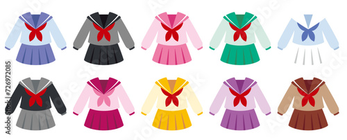 シンプルでカラフルなセーラー服のアイコンセットB（夏服長袖）png、ベクター使用推奨／uniform