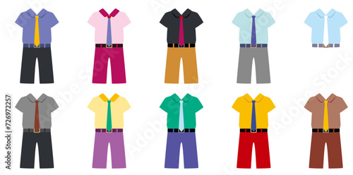 カラフルでシンプルな男子学生服のアイコンセットA（色シャツ夏服ベルトあり）png、ベクター使用推奨／uniform