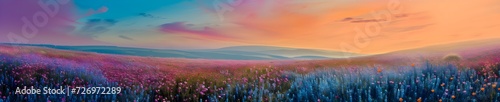 A field of flowers watercolor landscape illustration banner. Generative AI © Alice a.